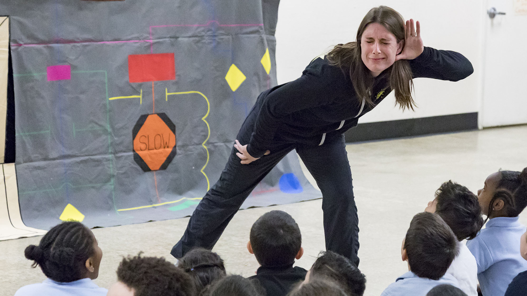 Image for Dance Lecturer Teresa VanDenend Sorge interacts with the Cleveland students before the performance begins.